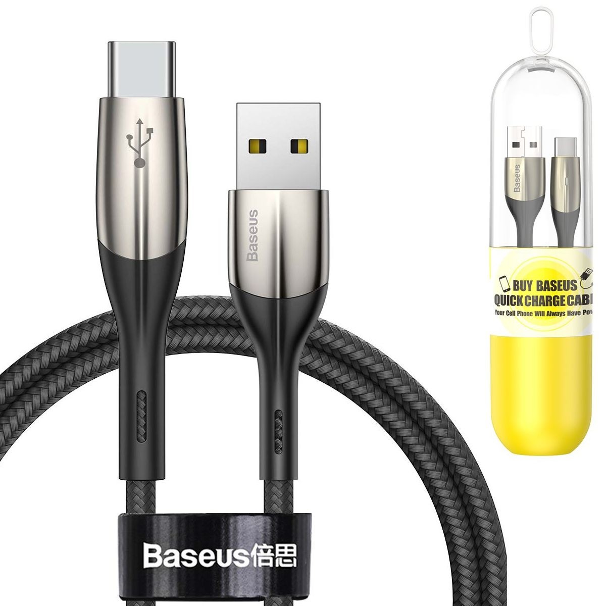 Baseus Horizontal | Wytrzymały Nylonowy Kabel USB USB-C z Diodą LED | 3A 100cm | Black