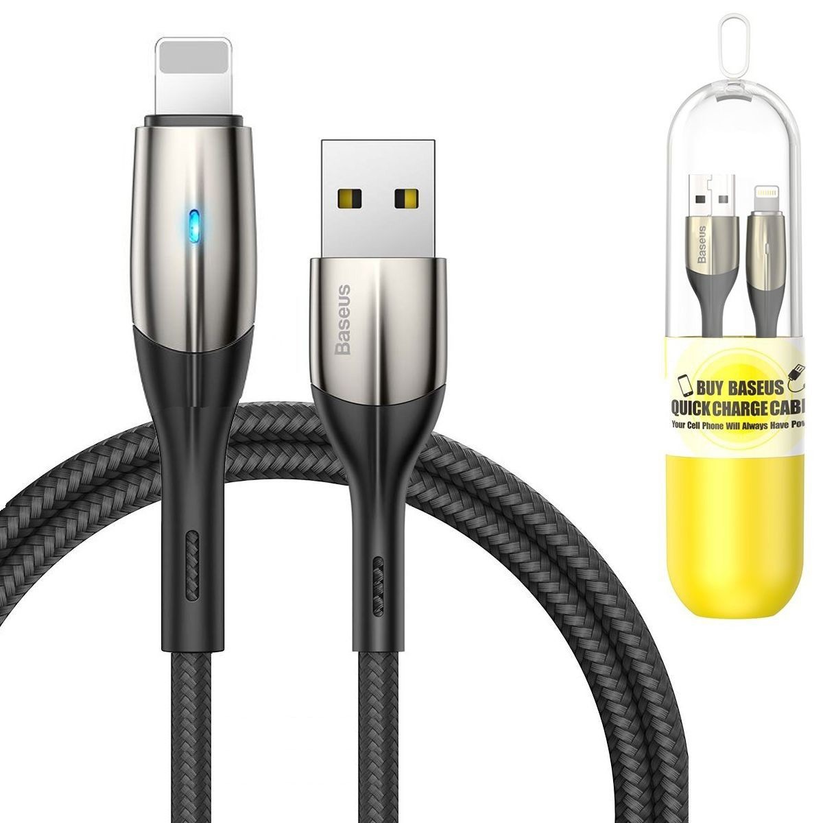 Baseus Horizontal | Wytrzymały Nylonowy Kabel USB Apple Lightning z Diodą LED | 100cm | Black