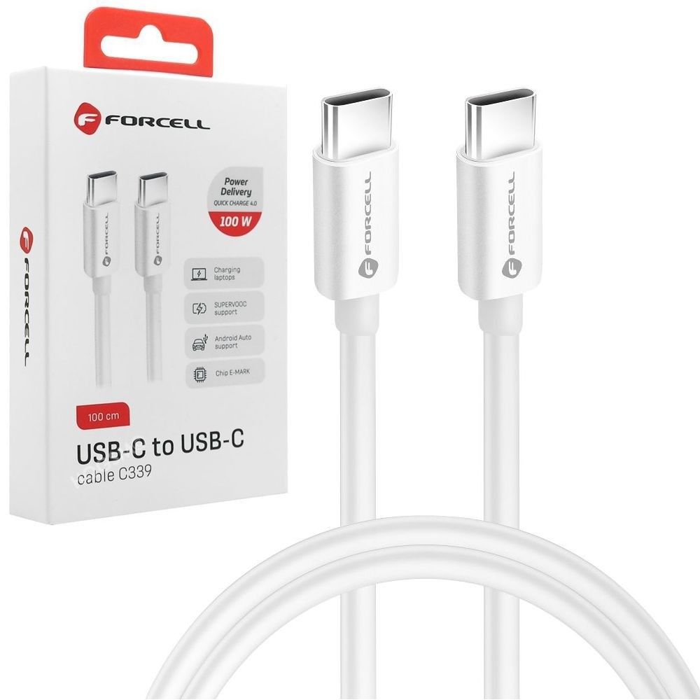Forcell | Szybki Kabel USB-C PD QC 4.0 | 100W | Android Auto | Biały | 100cm