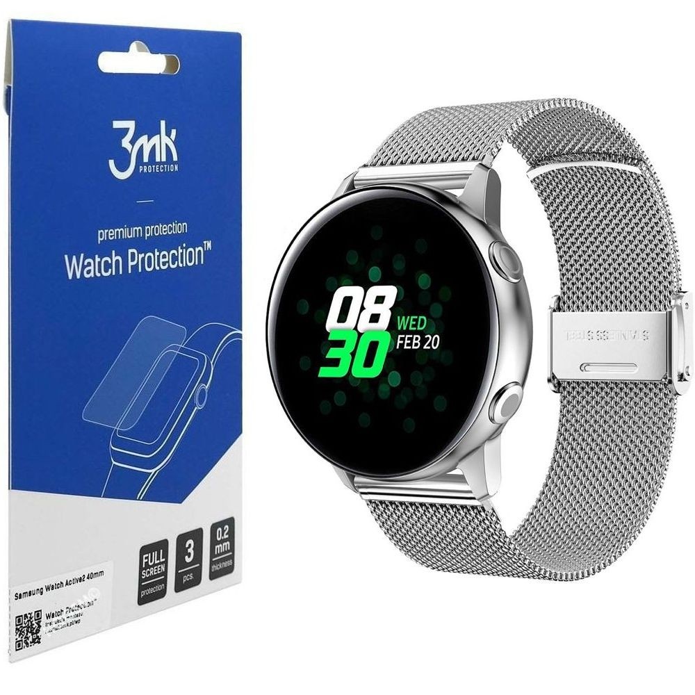 Samsung Galaxy Watch Active2 40mm | Pasek Siatka Milanese Mesh Band | Silver + 3mk FOLIA 3szt