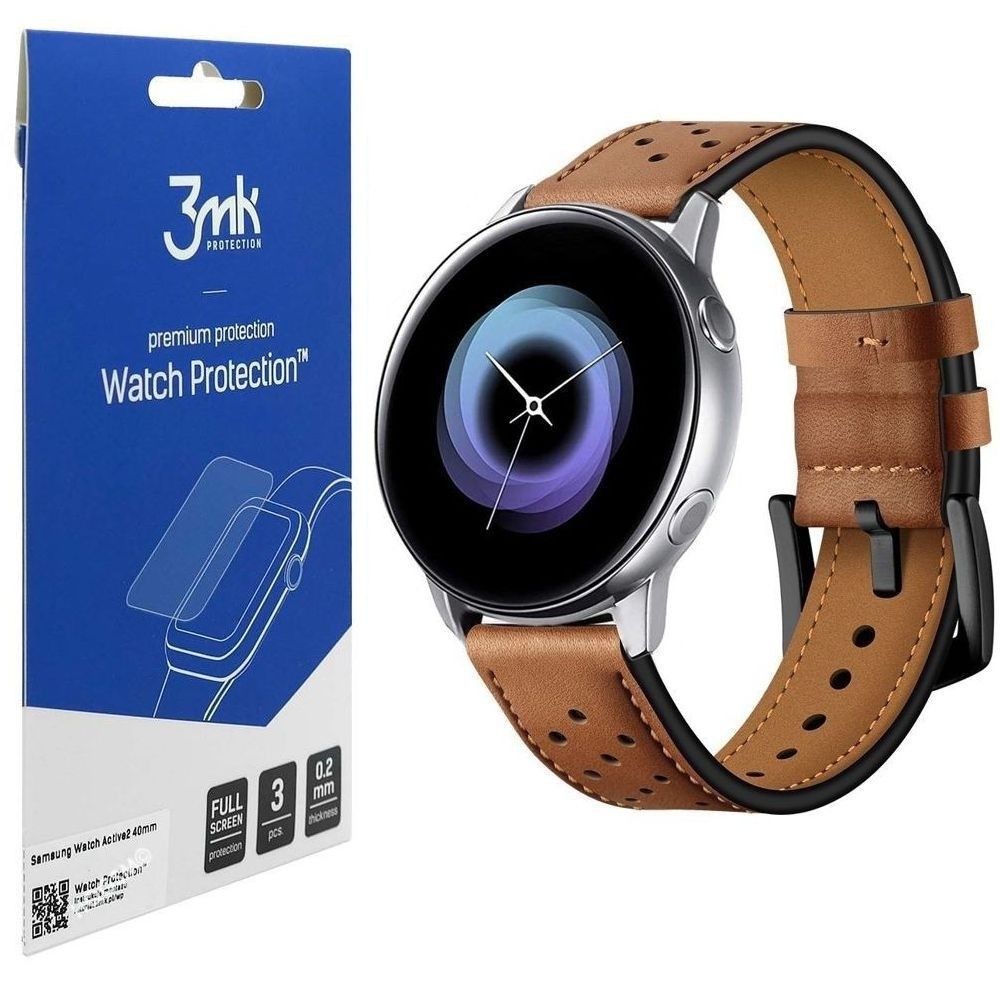 Samsung Galaxy Watch Active2 40mm | Skórzany Pasek Leather Herms | Brązowy + 3mk FOLIA 3szt
