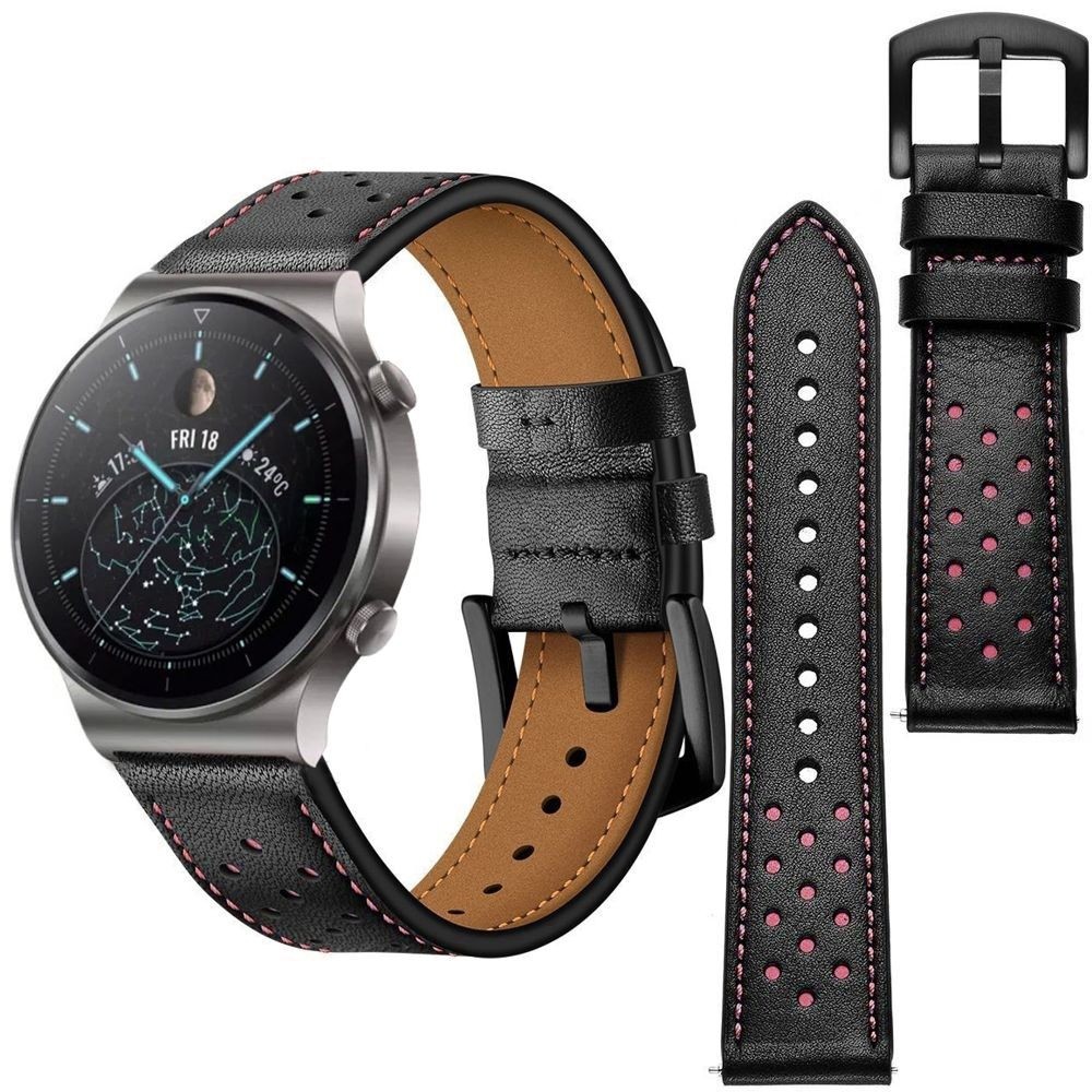 Skórzany Pasek Leather Strap Stitch | Czarny do Huawei Watch GT2 Pro