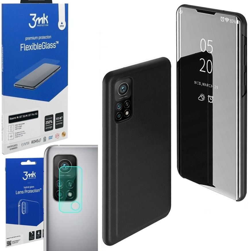 Inteligentne Etui Clear View Standing Cover | Black + SZKŁO 3mk Flexible Glass + Aparat do Xiaomi Mi 10T 5G / Pro