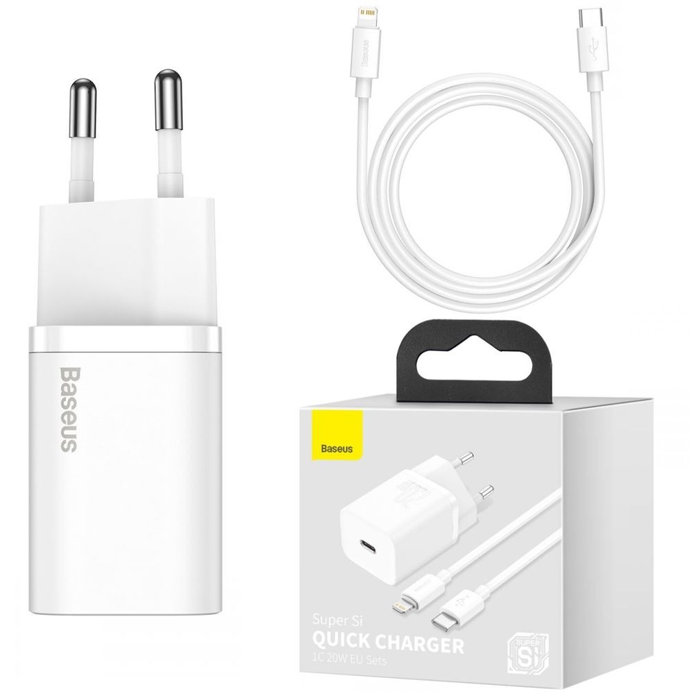 Baseus Super SI | Ładowarka Sieciowa USB-C 20W | Biała + Kabel USB-C Apple Lightning