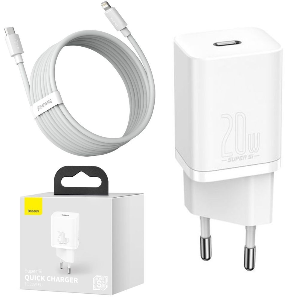 Baseus Super SI | Ładowarka Sieciowa USB-C 20W | Biała + Kabel USB-C Apple Lightning | PD 20W | 150cm