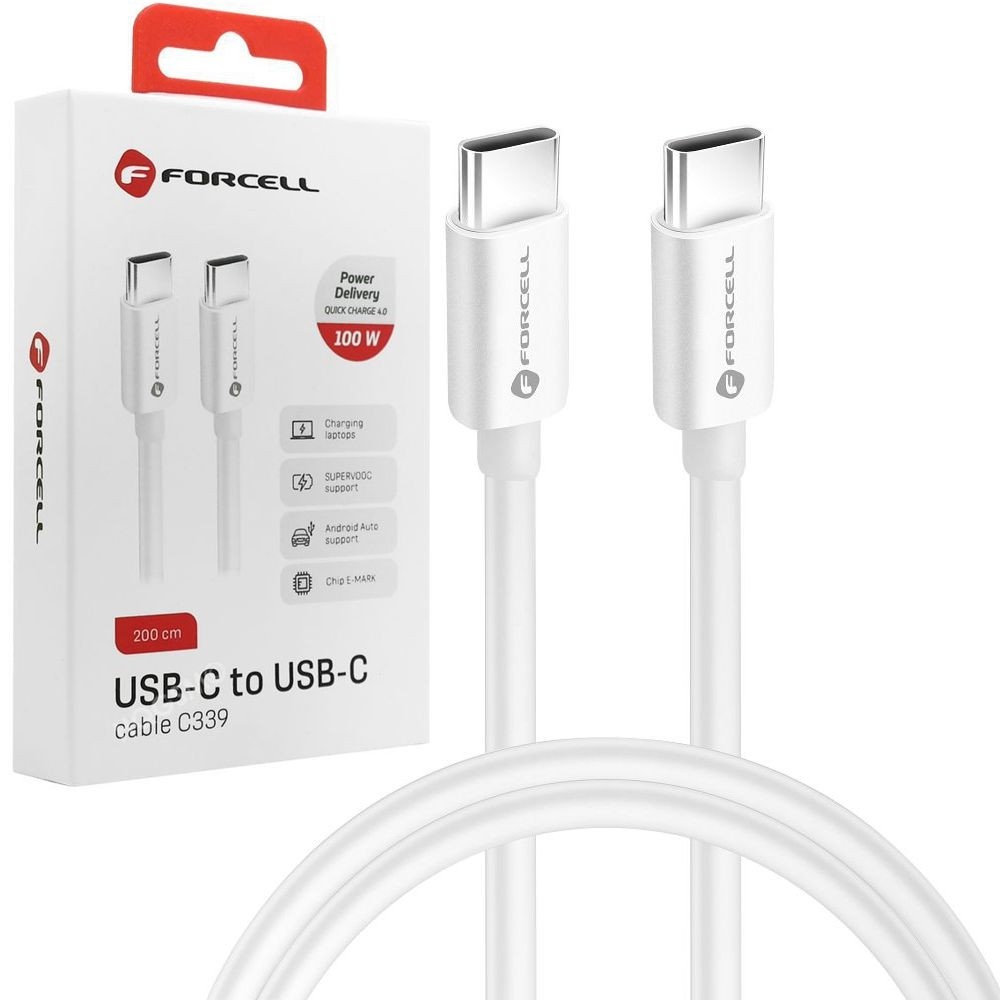 Forcell | Szybki Kabel USB-C PD QC 4.0 | 100W | Android Auto | Biały | 200cm