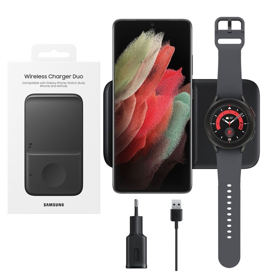 Samsung Wireless Charger Duo | Oryginalna Ładowarka Indukcyjna 2w1 z Zasilaczem | Galaxy Watch | Czarna