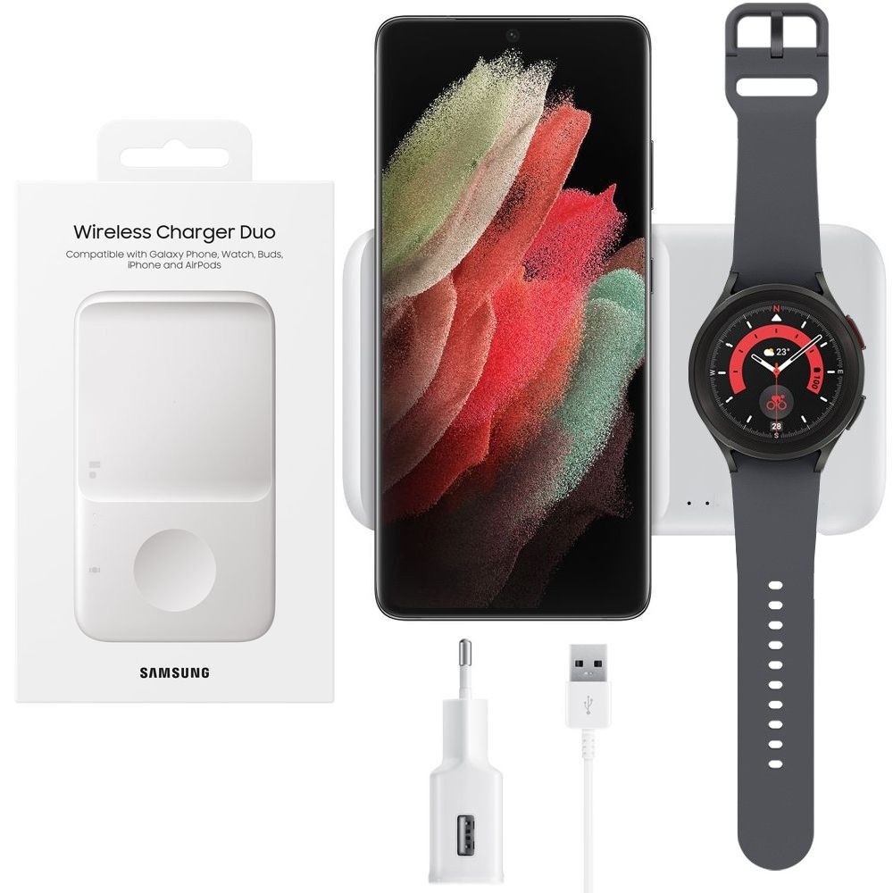 Samsung Wireless Charger Duo | Oryginalna Ładowarka Indukcyjna 2w1 z Zasilaczem | Galaxy Watch | Biała