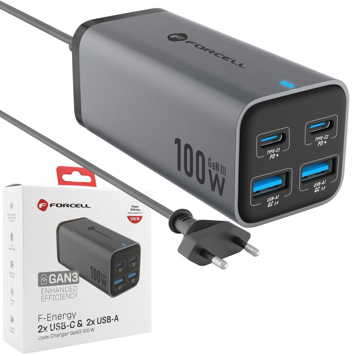 Forcell | Mocny Zasilacz Ładowarka Sieciowa 2x USB-C 2x USB | GaN3 | 100W