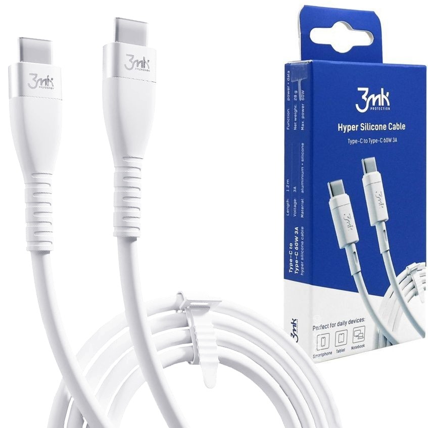 3mk Hyper Silicone | Szybki Kabel USB-C 120cm | PD 60W 3A | Biały
