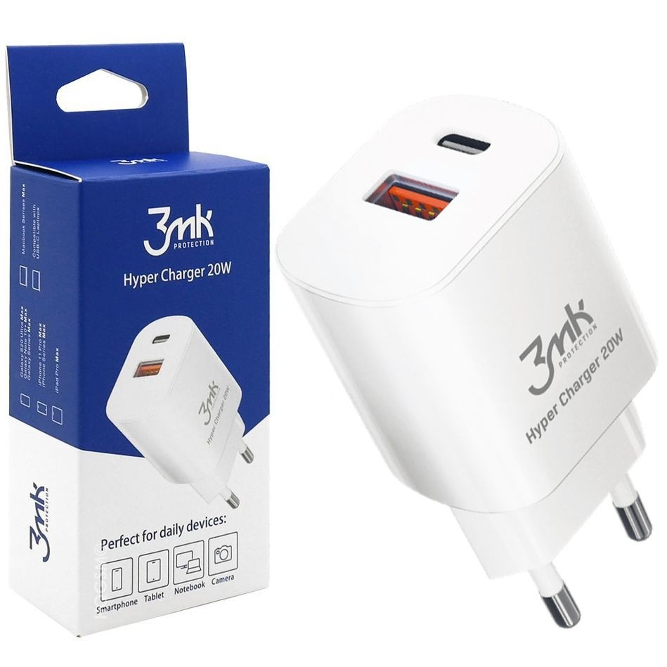3mk Hyper Charger | Ładowarka Sieciowa USB USB-C PD 20W | Biała