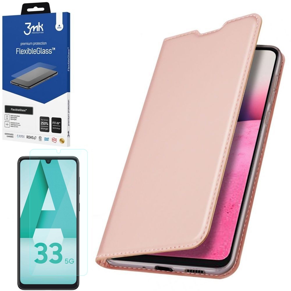 Etui z Klapką | DUX DUCIS | Skin Pro | Rose Gold + SZKŁO 3mk Flexible Glass do Samsung Galaxy A33 5G