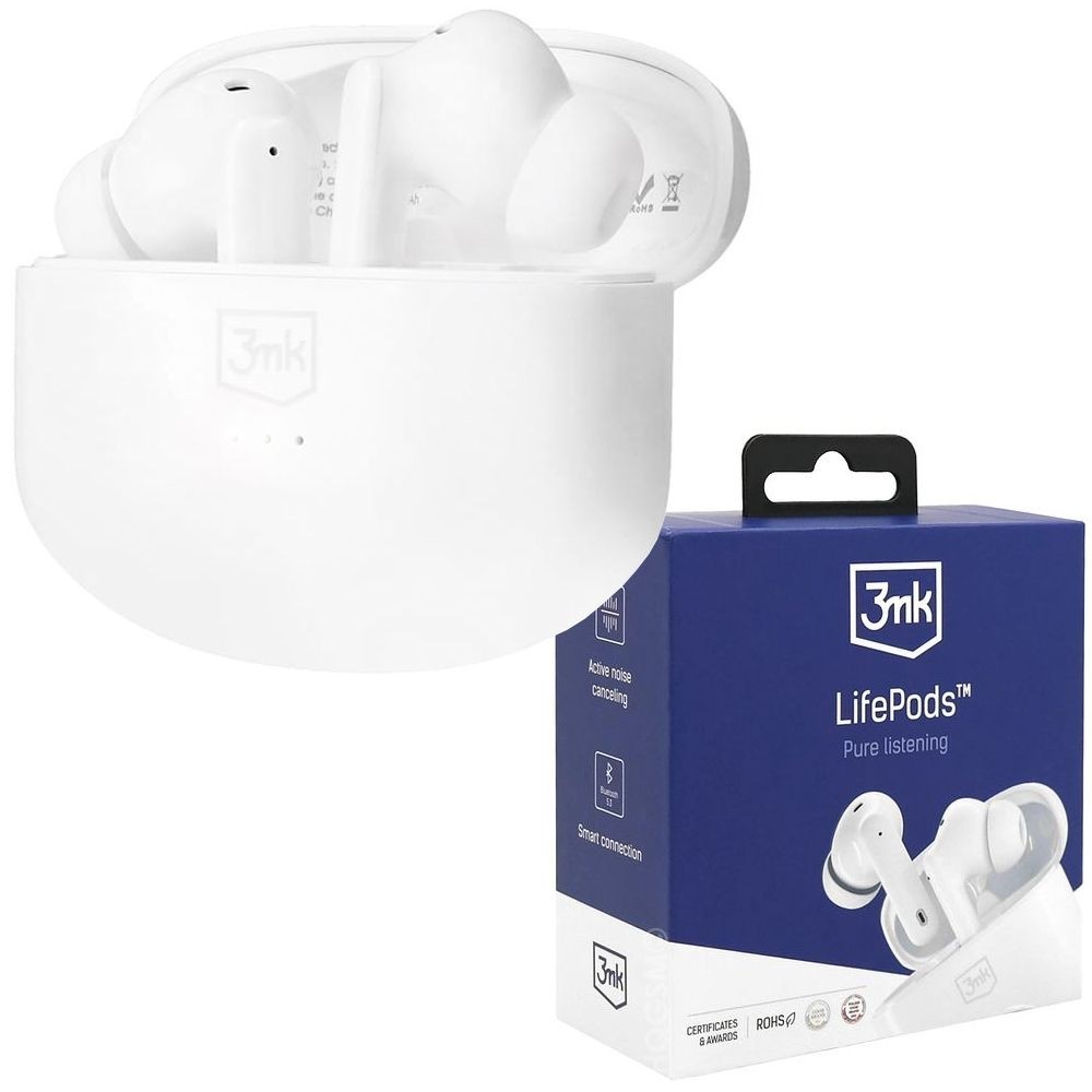 3mk LifePods | Słuchawki + Etui Ładujące USB-C | Redukcja Szumów | Białe