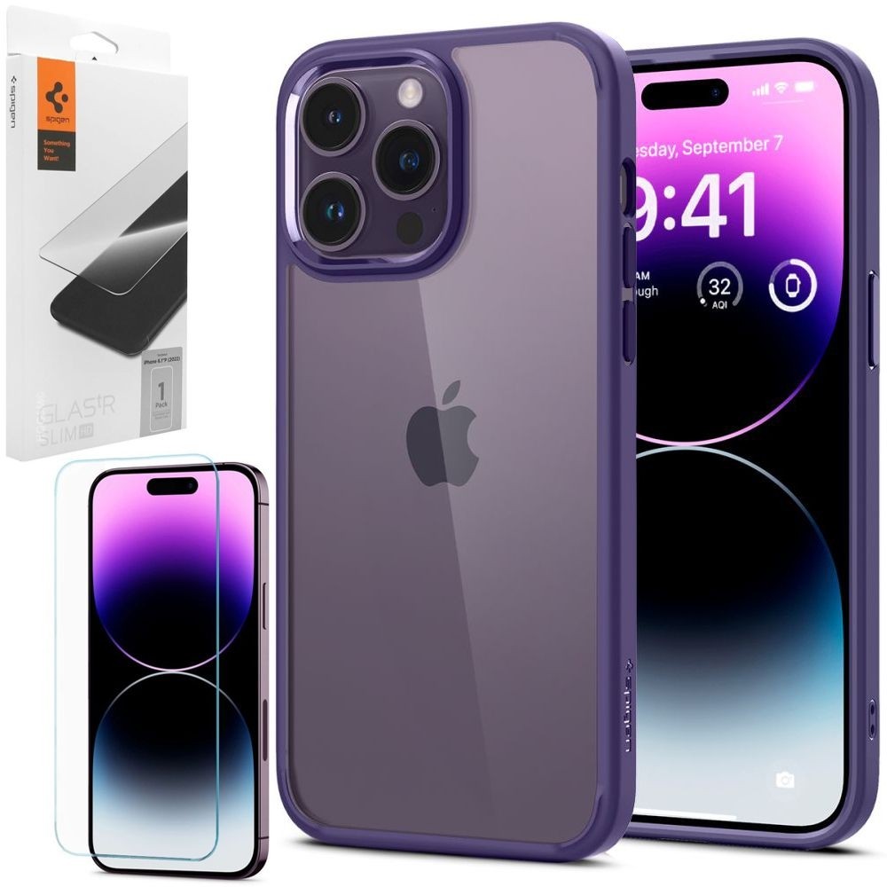 Etui SPIGEN Ultra Hybrid | Deep Purple + SZKŁO Spigen do Apple iPhone 14 Pro