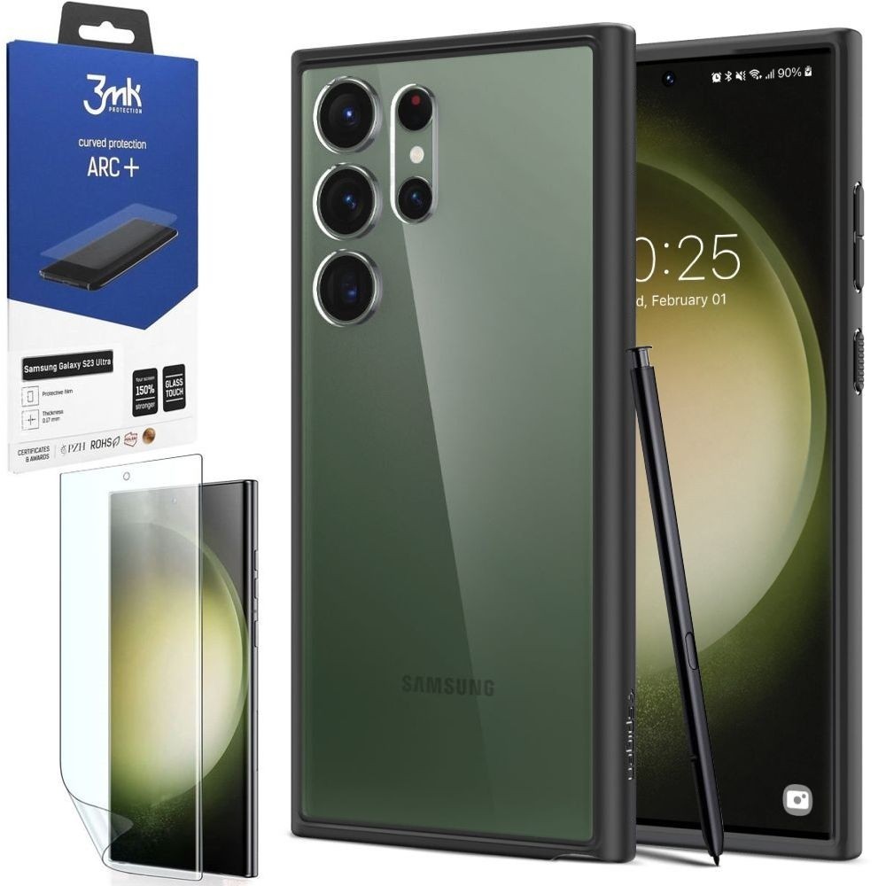 Etui SPIGEN Ultra Hybrid | Matte Black + FOLIA 3mk ARC+ do Samsung Galaxy S23 Ultra