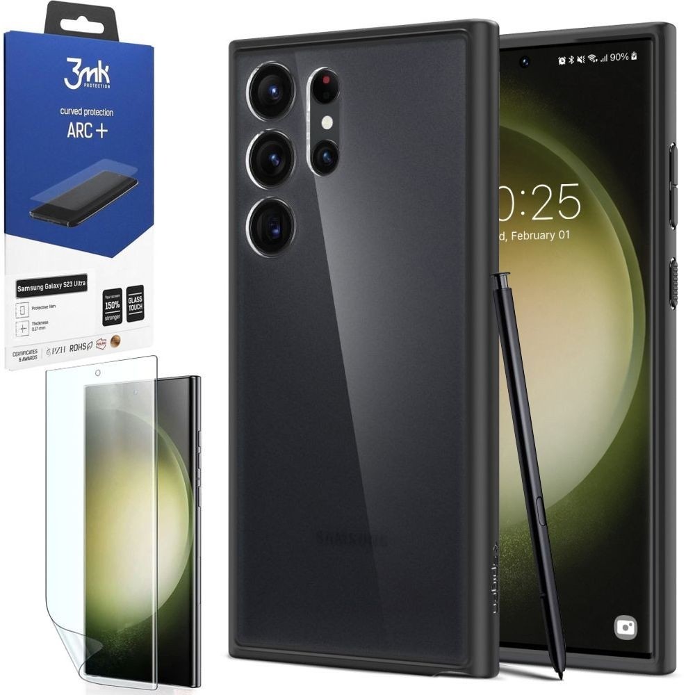 Etui SPIGEN Ultra Hybrid | Frost Black + FOLIA 3mk ARC+ do Samsung Galaxy S23 Ultra