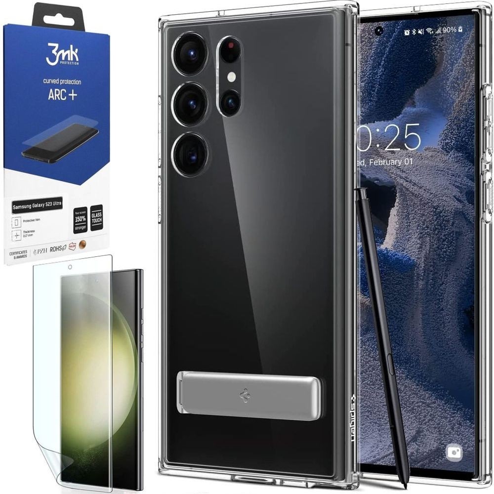 Etui SPIGEN Ultra Hybrid S | Crystal Clear + FOLIA 3mk ARC+ do Samsung Galaxy S23 Ultra