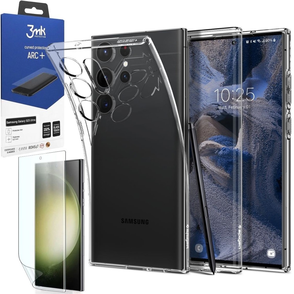 Etui SPIGEN Liquid Crystal | Crystal Clear + FOLIA 3mk ARC+ do Samsung Galaxy S23 Ultra