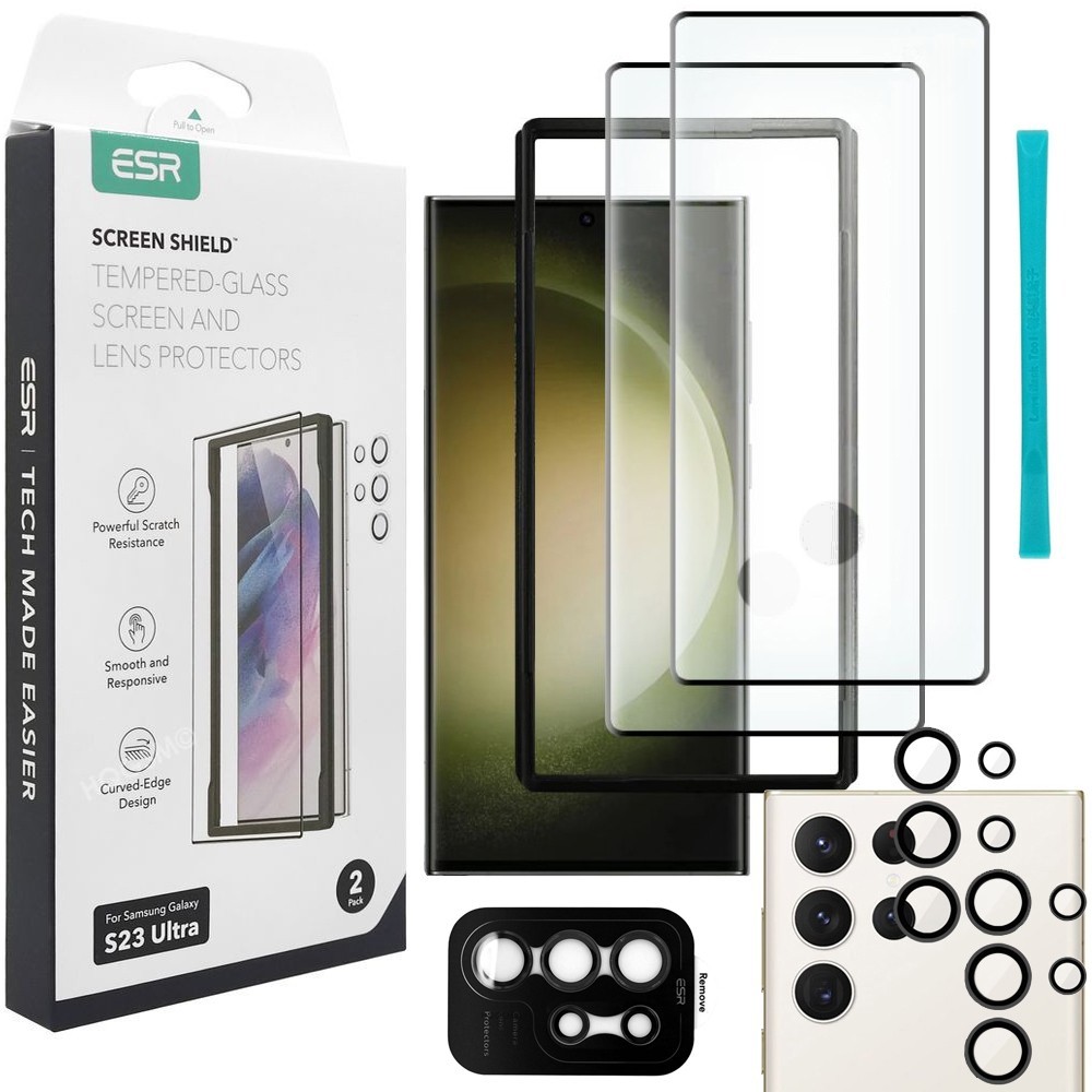 ESR 2x Szkło Hartowane na Ekran + 2x Szkło na Aparat | Czarne do Samsung Galaxy S23 Ultra