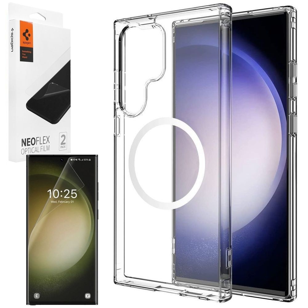 Etui Magnetyczne MagSafe | Clear + 2x FOLIA Spigen do Samsung Galaxy S23 Ultra
