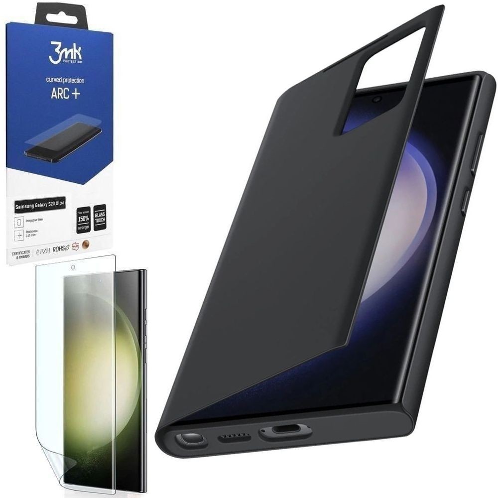 Oryginalne Etui Smart View Wallet Case | Czarne + FOLIA 3mk ARC+ do Samsung Galaxy S23 Ultra