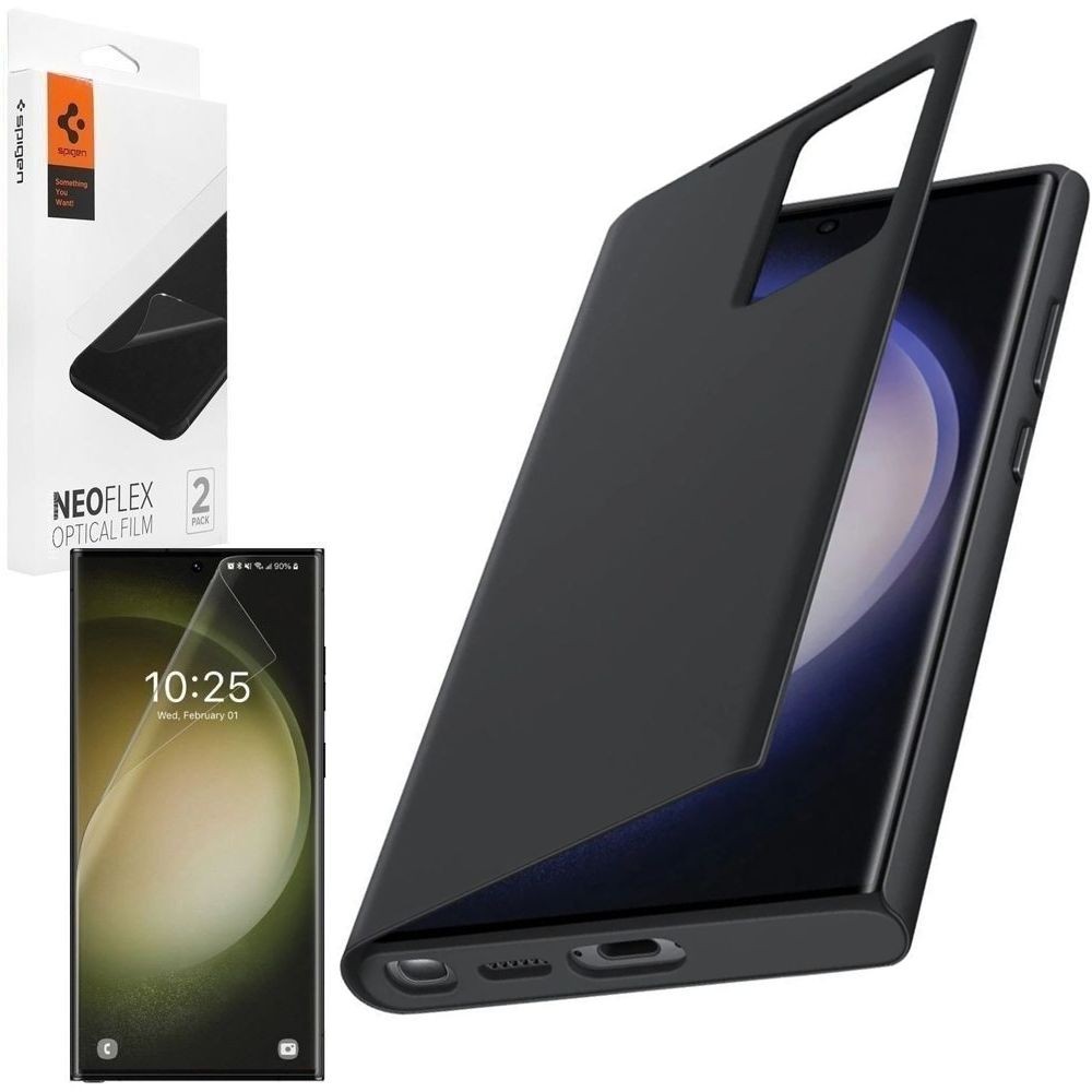 Oryginalne Etui Smart View Wallet Case | Czarne + 2x FOLIA Spigen do Samsung Galaxy S23 Ultra