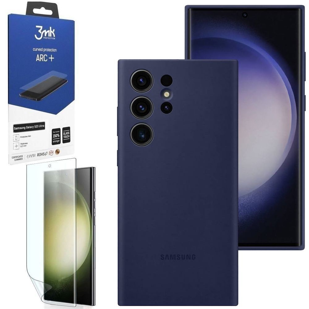 Oryginalne Etui Silicone Case | Navy + FOLIA 3mk ARC+ do Samsung Galaxy S23 Ultra