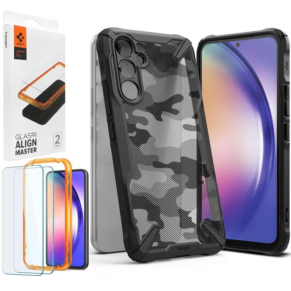 Etui RINGKE Fusion X | Camo Black + 2x SZKŁO Spigen do Samsung Galaxy A54 5G