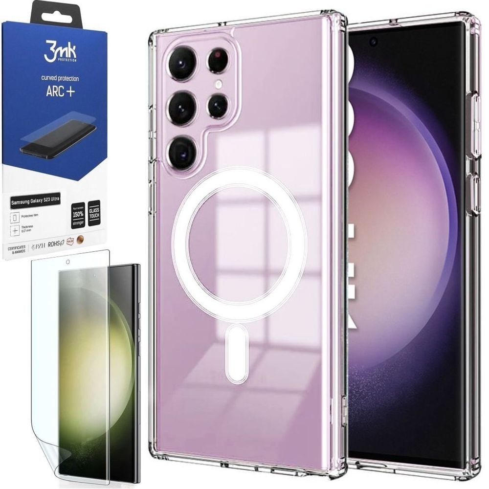Etui Magnetic MagSafe | Crystal Clear + FOLIA 3mk ARC+ do Samsung Galaxy S23 Ultra