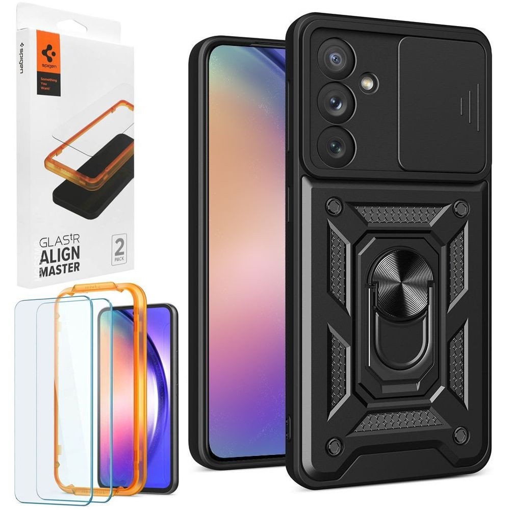 Hybrydowe Etui Ring Camshield | Czarne + 2x SZKŁO Spigen do Samsung Galaxy A54 5G