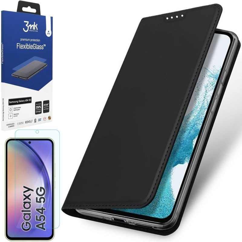 Etui z Klapką | DUX DUCIS | Skin Pro | Black + SZKŁO 3mk do Samsung Galaxy A54 5G