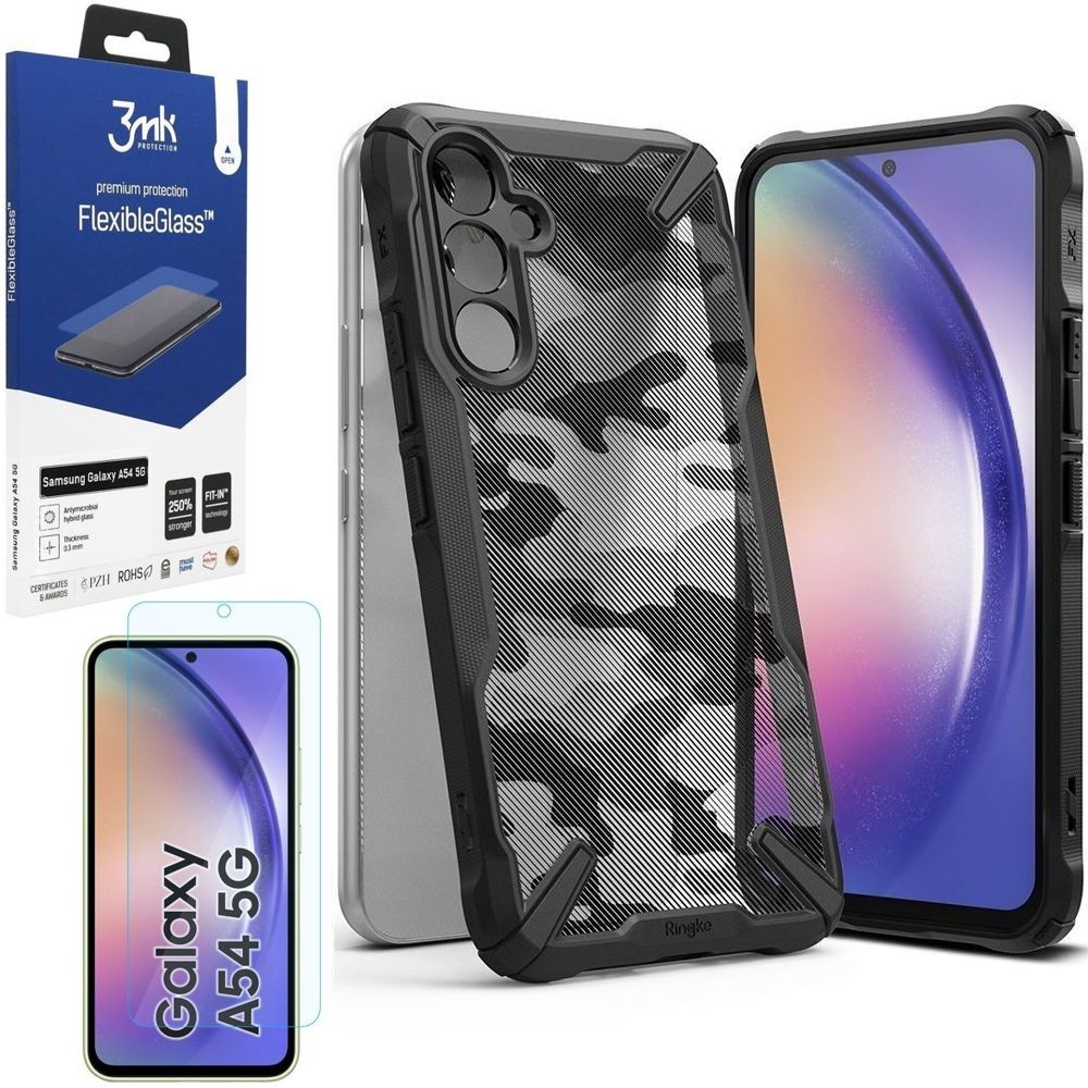 Etui RINGKE Fusion X | Camo Black + SZKŁO 3mk do Samsung Galaxy A54 5G