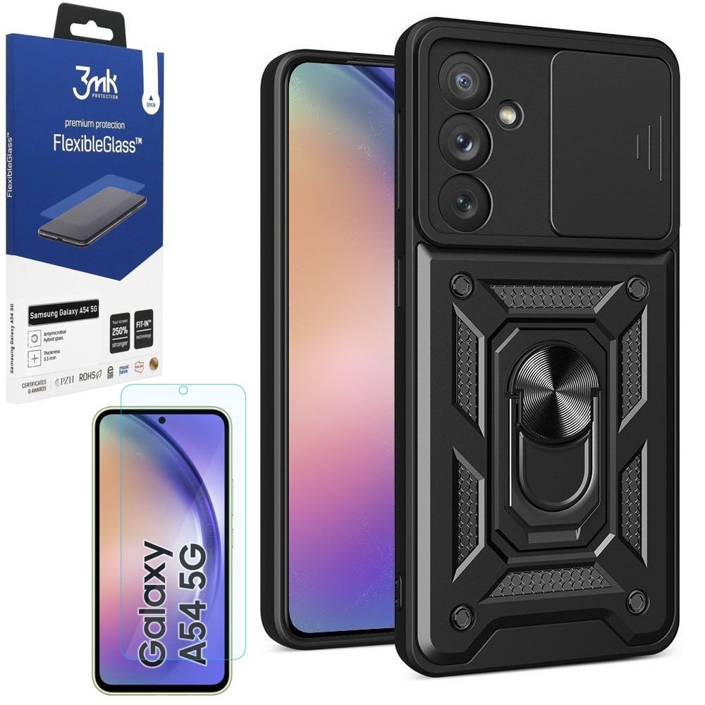 Hybrydowe Etui Ring Camshield | Czarne + SZKŁO 3mk do Samsung Galaxy A54 5G