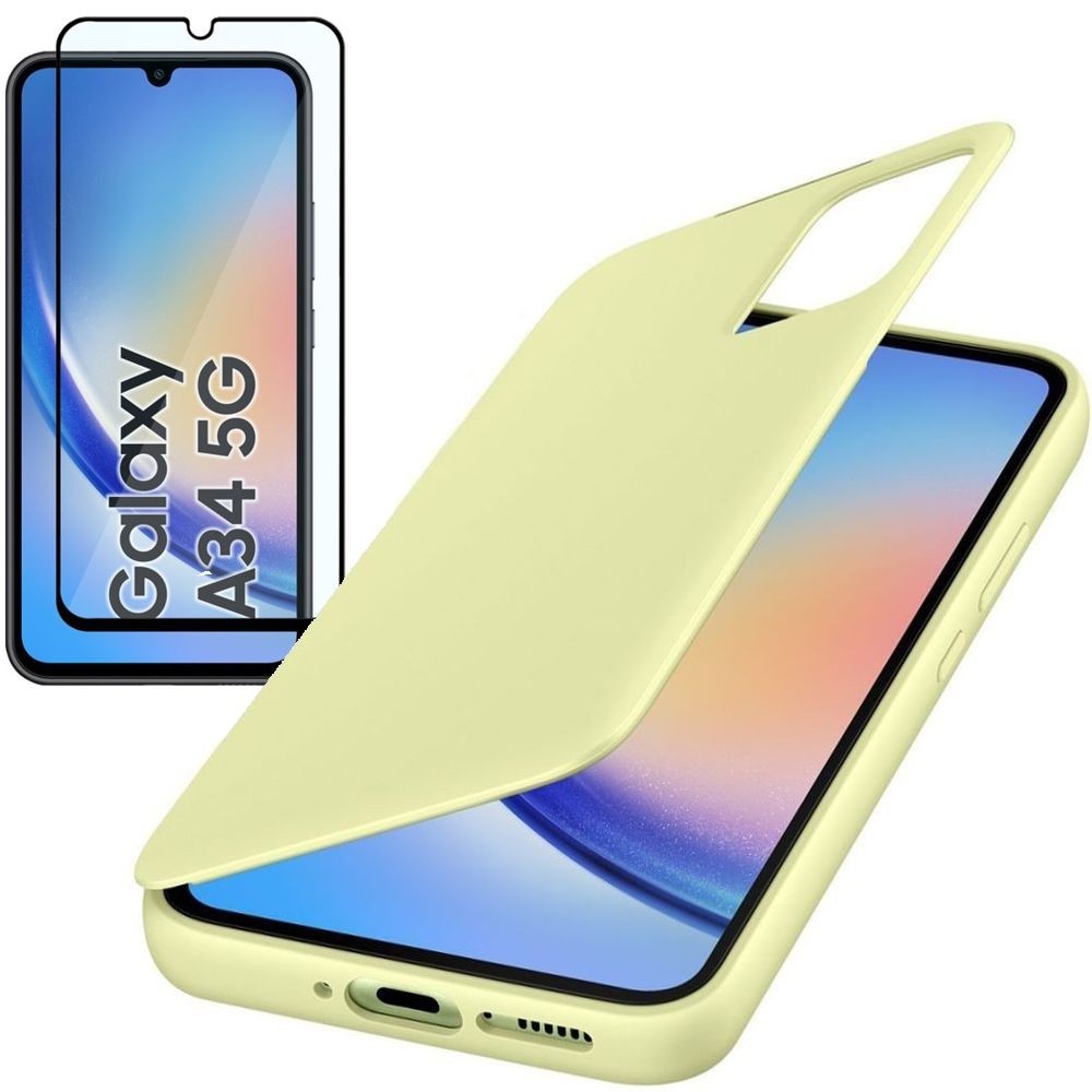 Oryginalne Etui Smart View Wallet Case | Limonkowe + SZKŁO 5D do Samsung Galaxy A34 5G