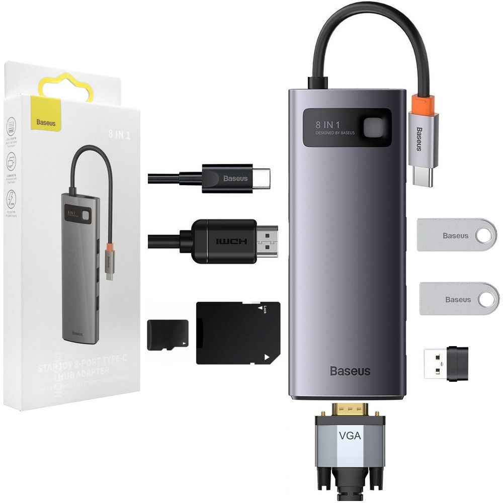 Baseus Metal 8w1 | USB-C HUB | USB-C PD 2x USB 3.0 HDMI 4K Czytnik Kart SD TF VGA