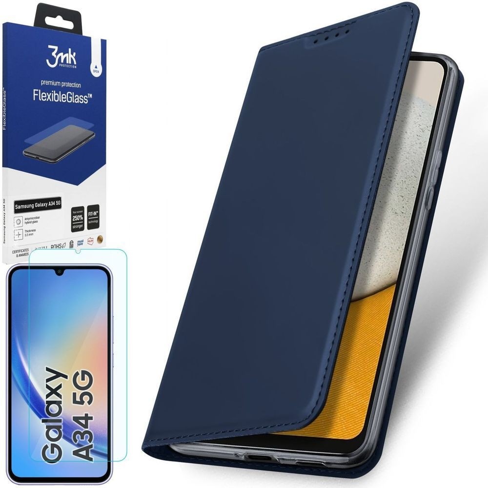 Etui z Klapką | DUX DUCIS | Skin Pro | Navy + SZKŁO 3mk do Samsung Galaxy A34 5G