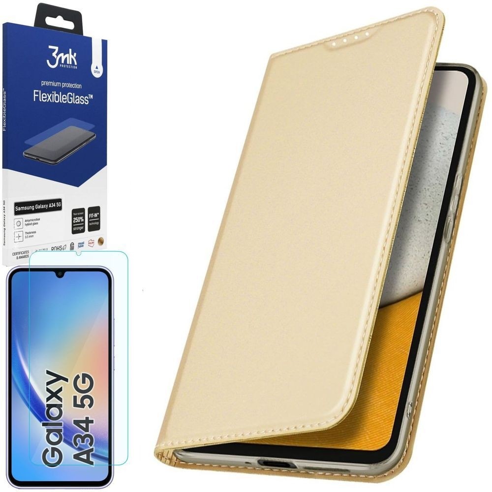 Etui z Klapką | DUX DUCIS | Skin Pro | Gold + SZKŁO 3mk do Samsung Galaxy A34 5G