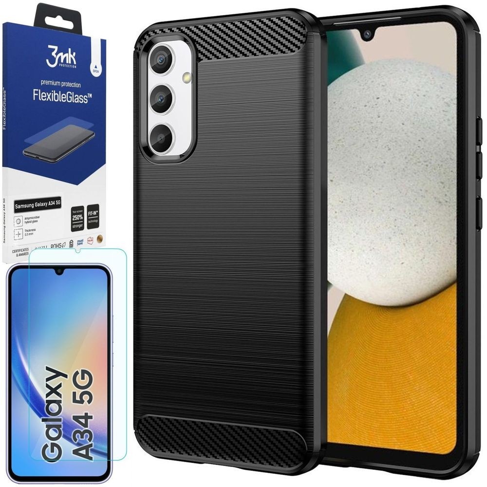 Etui CARBON Soft Case | Coal Black + SZKŁO 3mk do Samsung Galaxy A34 5G