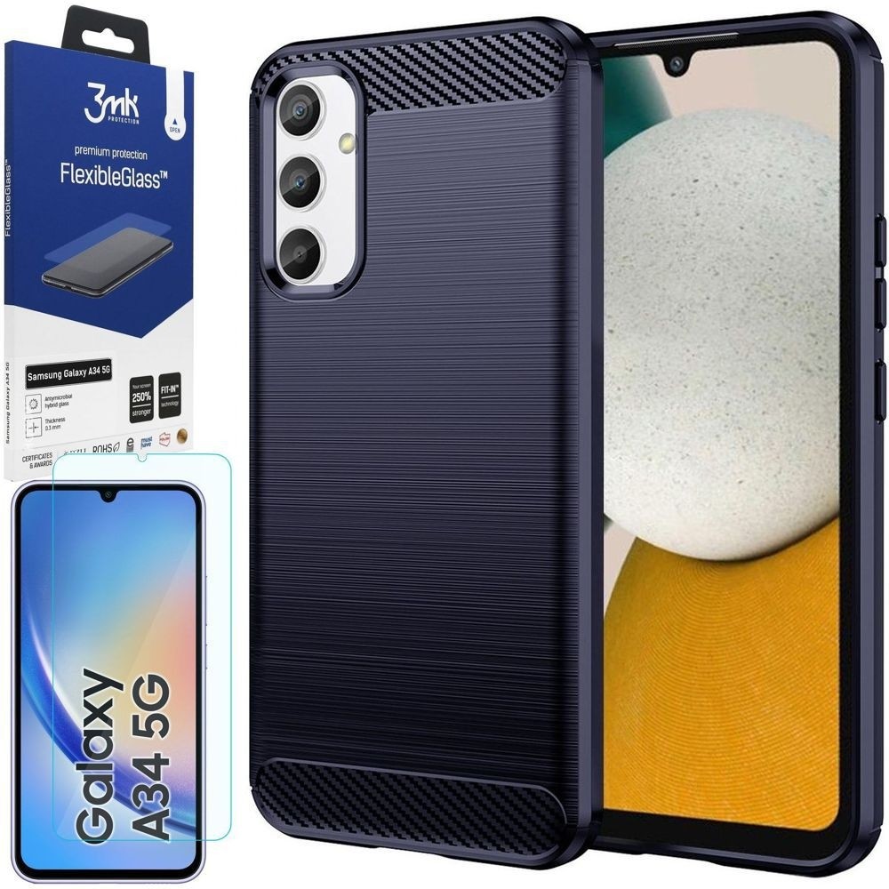 Etui CARBON Soft Case | Blueberry Blue + SZKŁO 3mk do Samsung Galaxy A34 5G