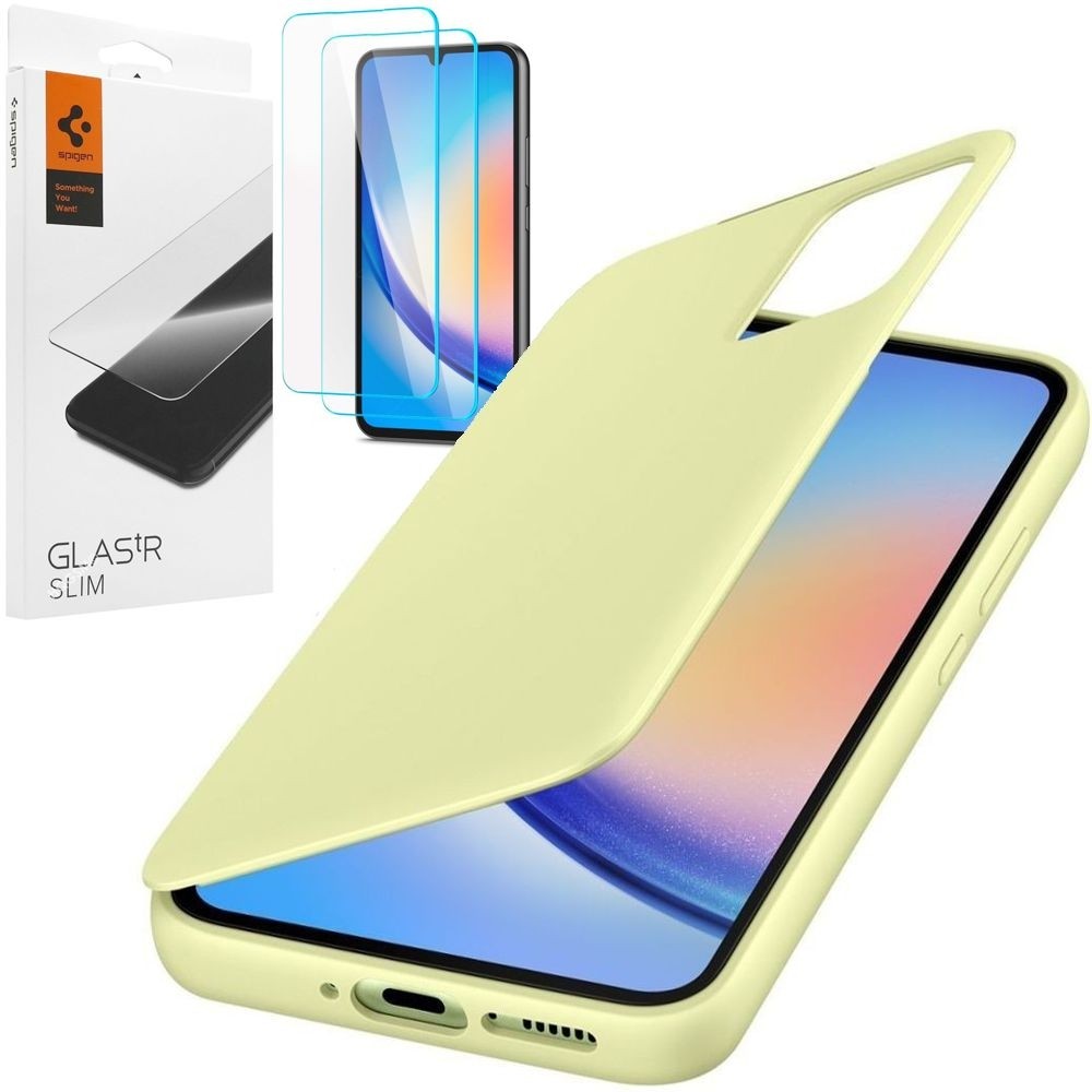 Oryginalne Etui Smart View Wallet Case | Limonkowe + 2x SZKŁO Spigen do Samsung Galaxy A34 5G