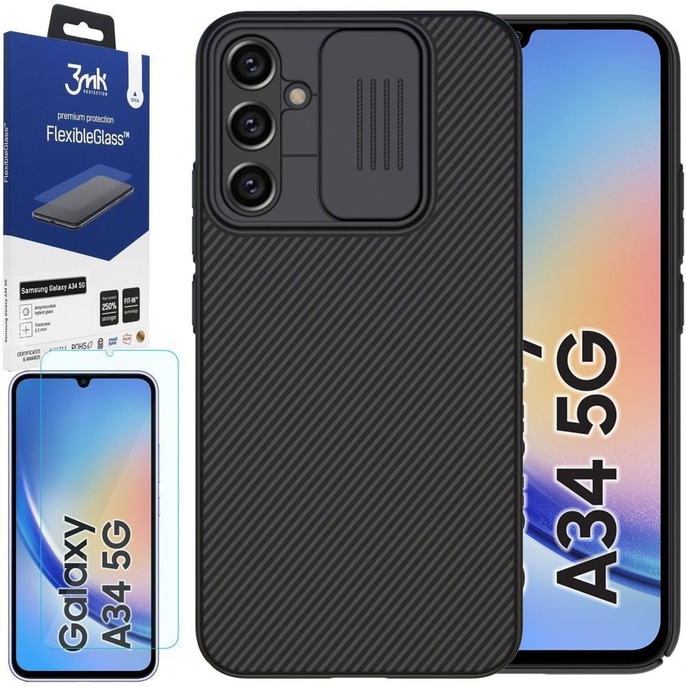 Etui NILLKIN CamShield | Czarne + SZKŁO 3mk do Samsung Galaxy A34 5G