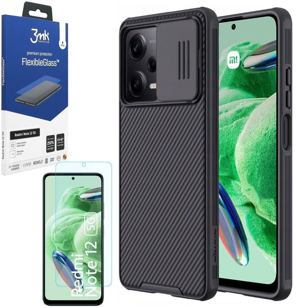 Etui NILLKIN CamShield | Czarne + SZKŁO 3mk Flexible Glass do Xiaomi Redmi Note 12 5G