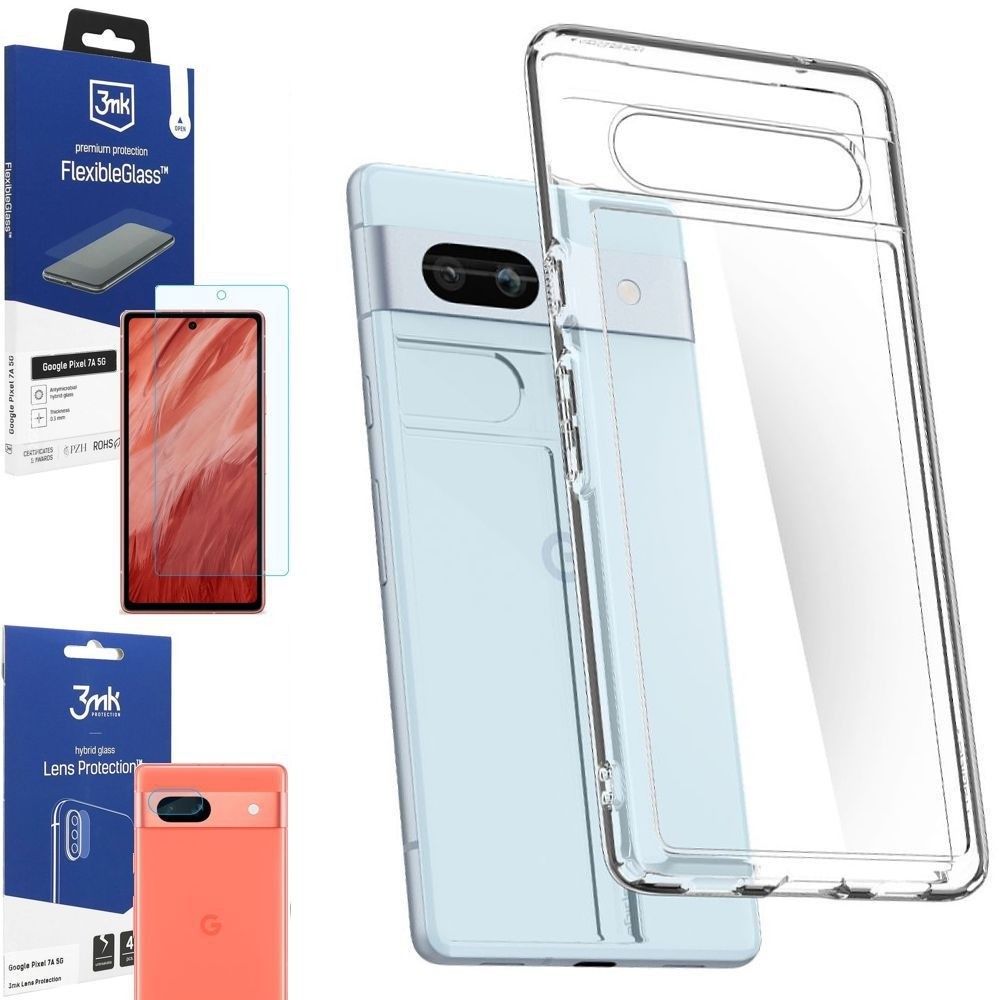 Etui SPIGEN Ultra Hybrid | Crystal Clear + SZKŁO 3mk + 4x APARAT do Google Pixel 7a