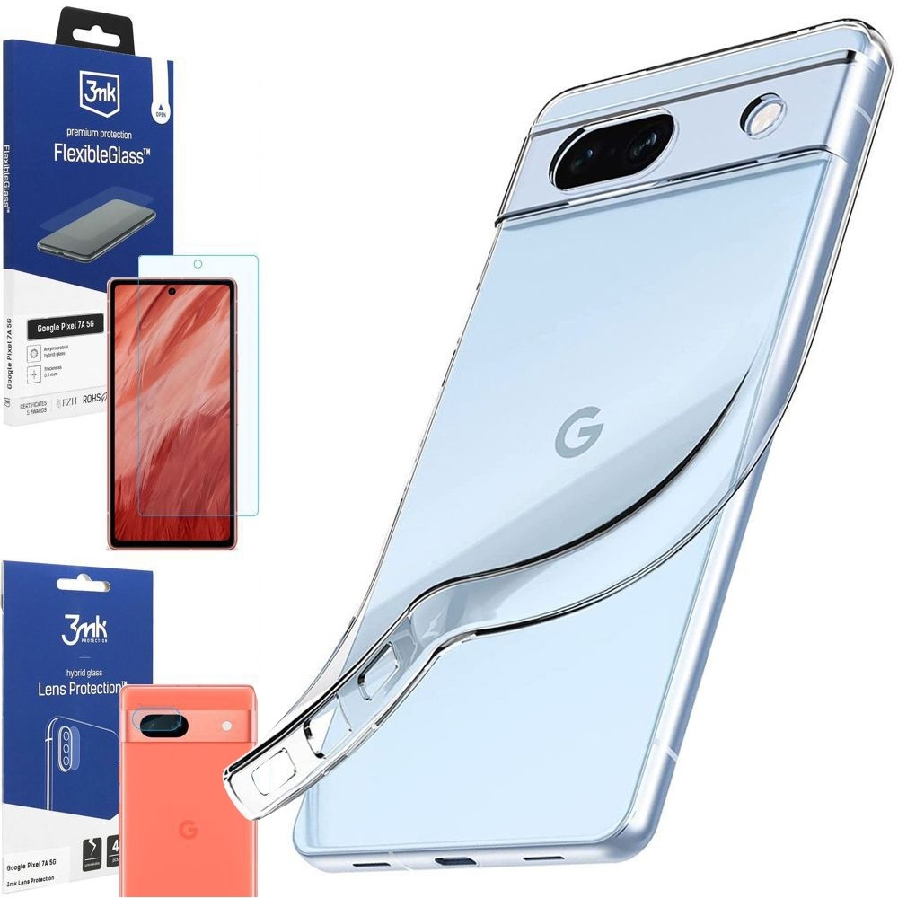 Cienkie Etui Feather Case | Bezbarwne | Clear + SZKŁO 3mk + 4x APARAT do Google Pixel 7a