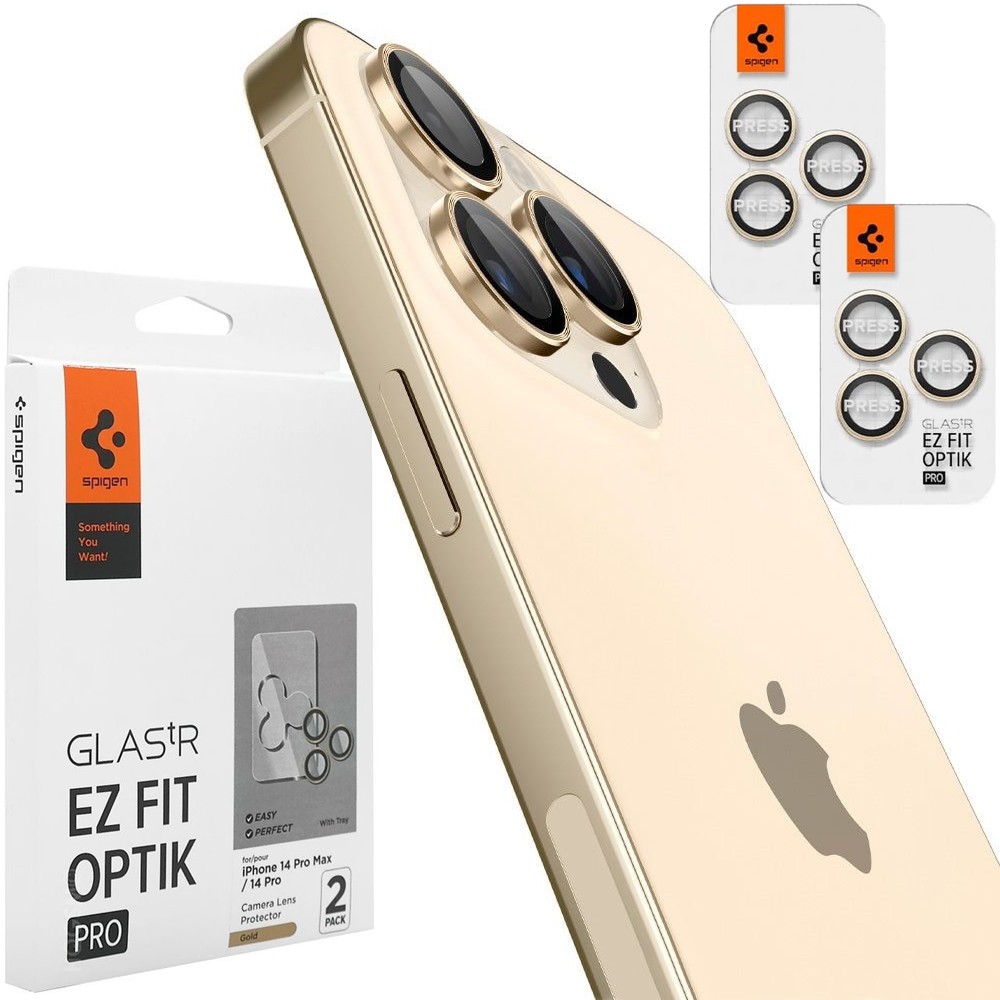 2x SPIGEN EZ Fit OPTIK Pro | Osłona Szkło Hartowane na Aparat | Złote do Apple iPhone 14 Pro / Pro Max