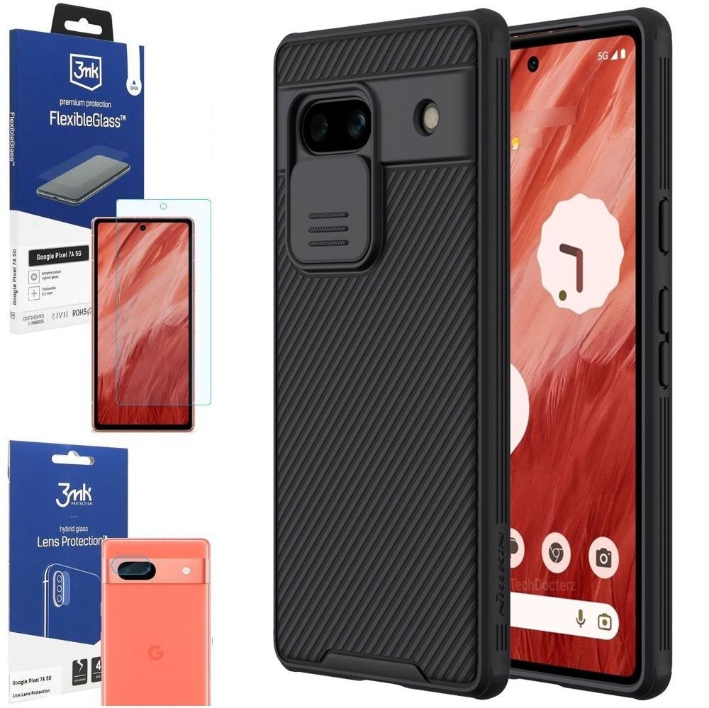 Etui NILLKIN CamShield | Czarne + SZKŁO 3mk + 4x APARAT do Google Pixel 7a