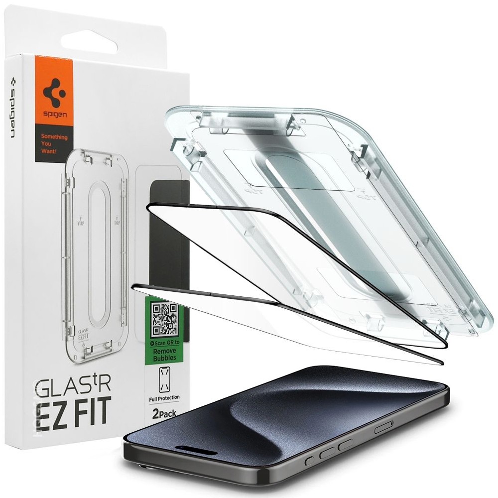 2x Szkło Hartowane SPIGEN GLAS.tR EZ FIT + Ramka | Full Cover do Apple iPhone 15 Pro |