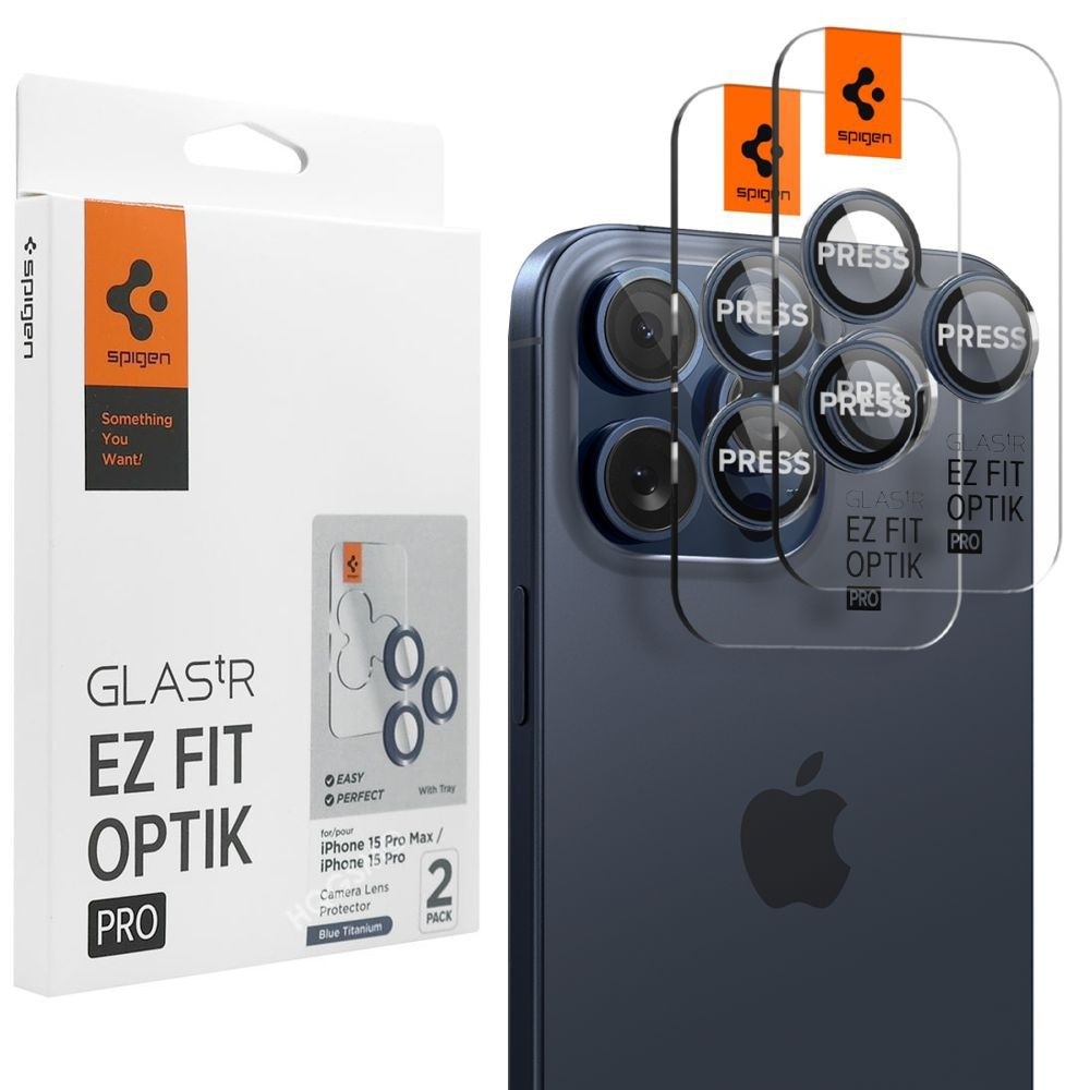 2x SPIGEN EZ Fit OPTIK Pro | Osobne Szkła Hartowane na Aparat | Blue Titanium do Apple iPhone 15 Pro / Pro Max