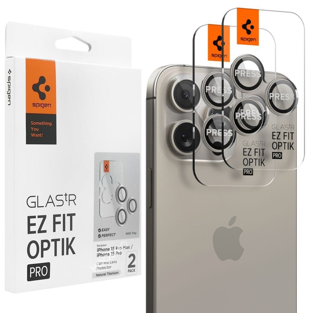 2x SPIGEN EZ Fit OPTIK Pro | Osobne Szkła Hartowane na Aparat | Natural Titanium do Apple iPhone 15 Pro / Pro Max