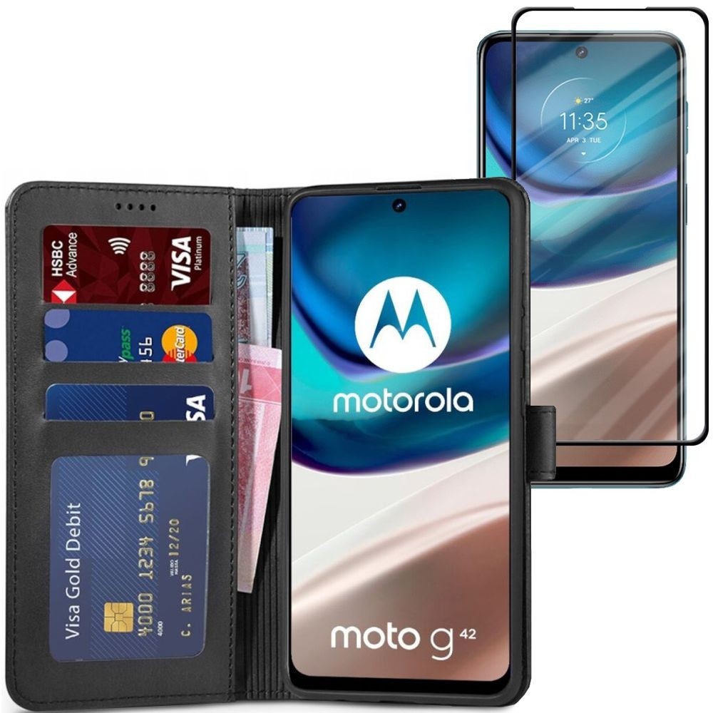 Etui z Klapką Wallet Case | Czarne + SZKŁO 5D do Motorola Moto G42